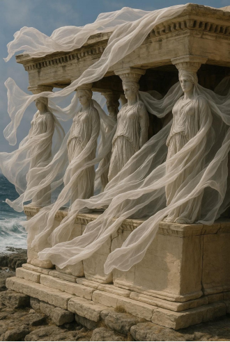 #Caryatids, течащи на вятъра# Стилът на скулптурата е тясно свързан с древногръцкото изкуство